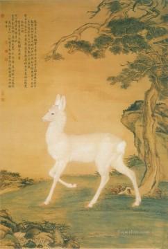 Lang shining white deer old China ink Giuseppe Castiglione deer Oil Paintings